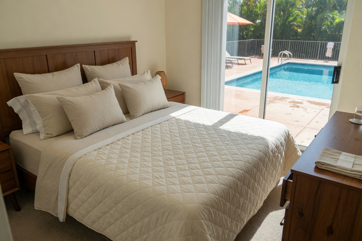 Made guest bed with extra linen pillows and a quilted cover beside a sliding door to a pool