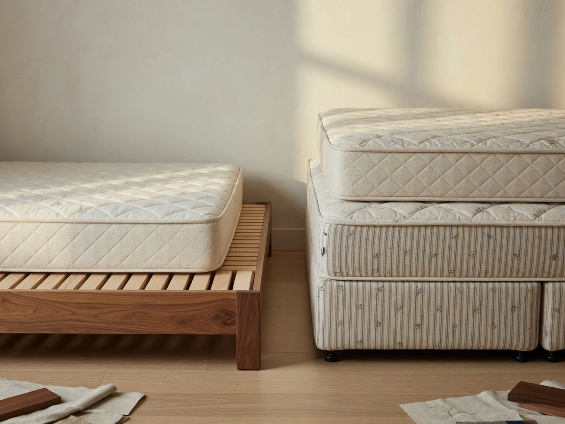 Mattress on a platform deck beside a mattress on a box-spring