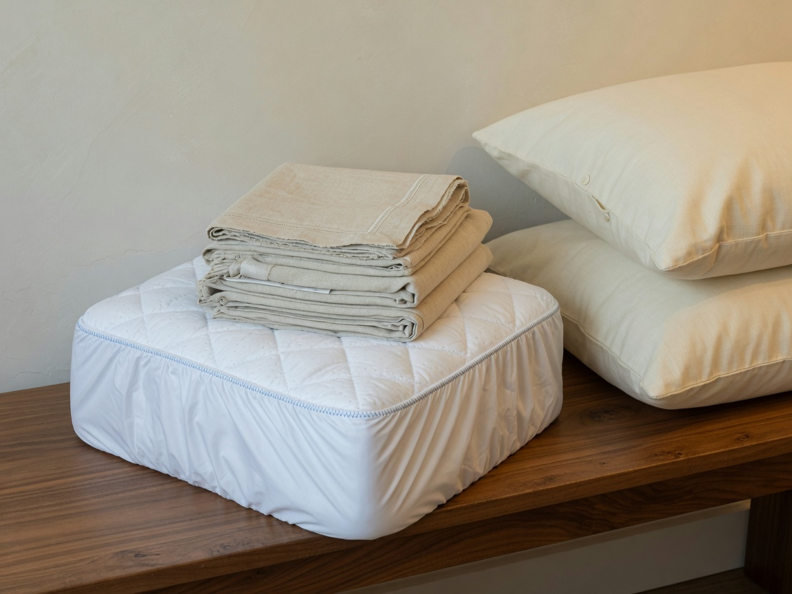 Quilted mattress protector on a walnut bench with a folded linen sheet set and two guest pillows